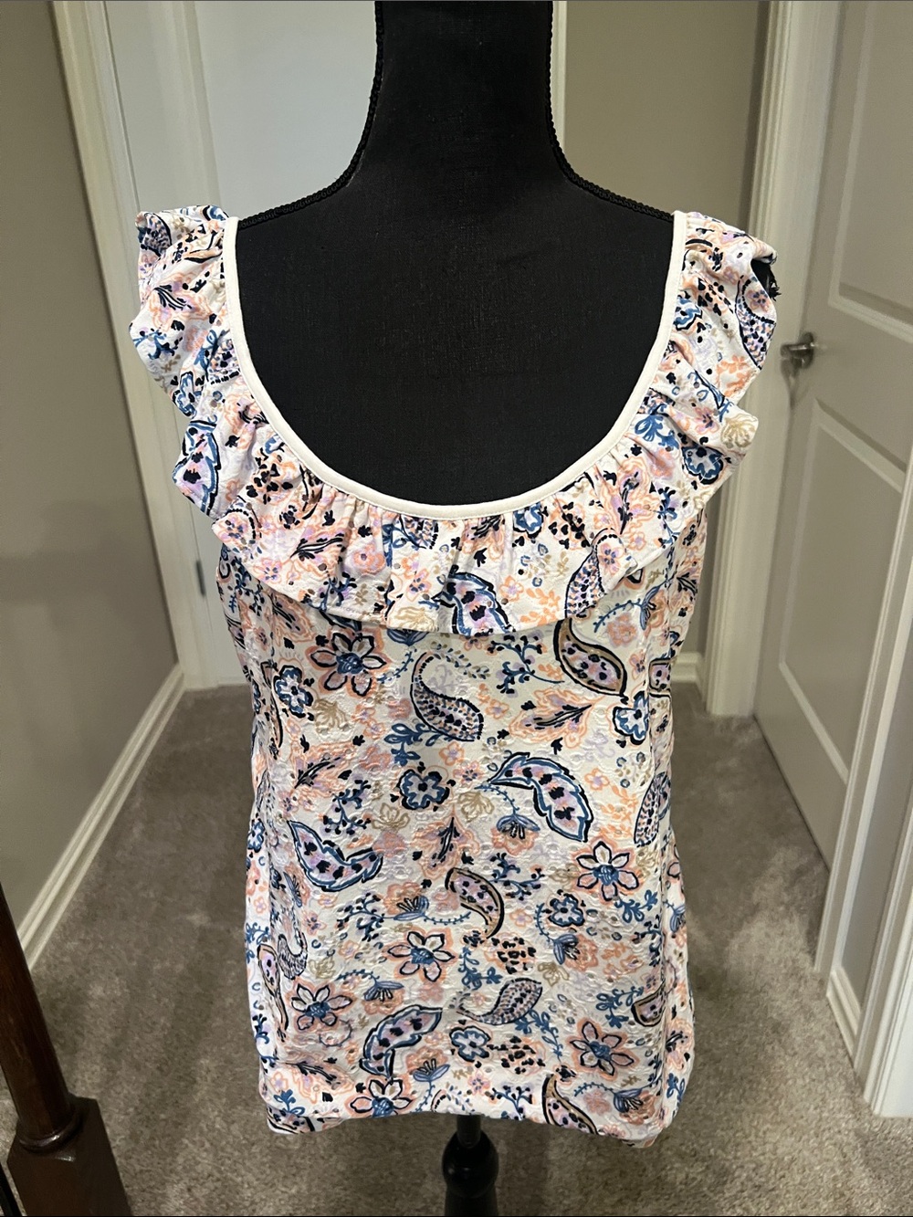 LOFT Peach and Blue Paisley Ruffle Tank